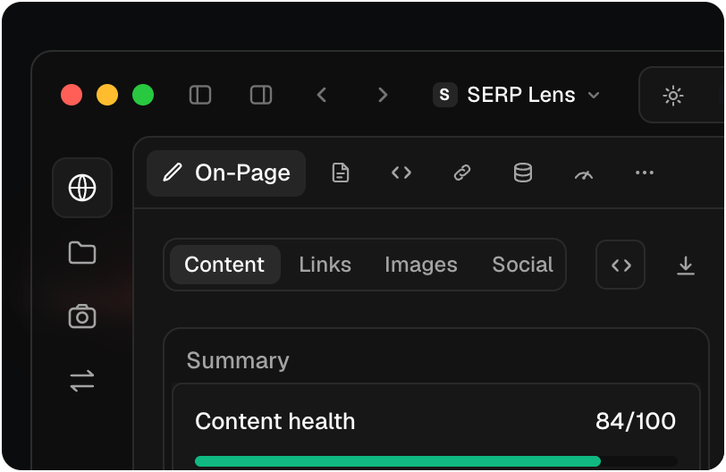 The On-Page panel in SERP Lens for macOS, scoring content health at 84 out of 100