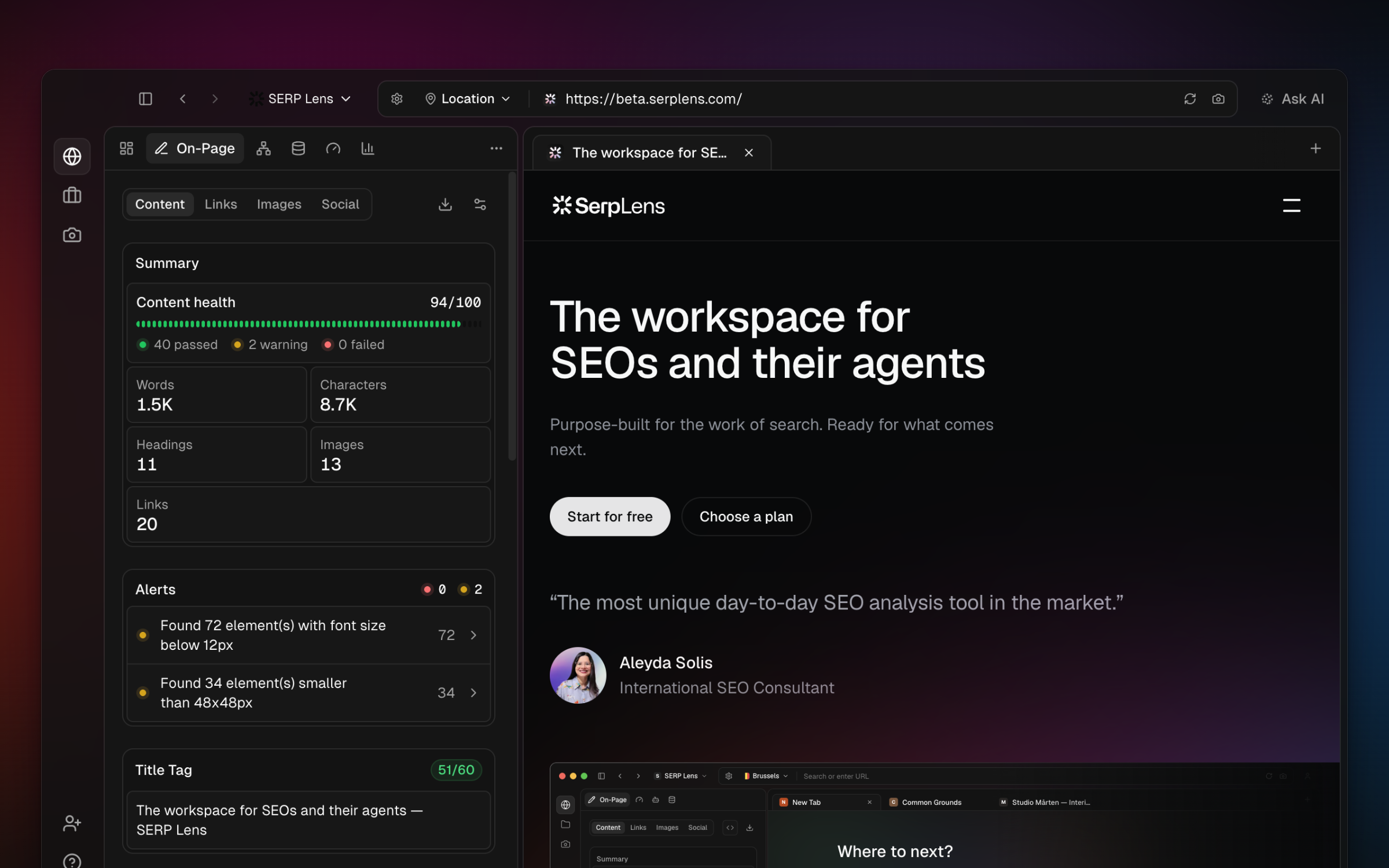 SERP Lens browser workspace with page controls, the content panel, and the active web page