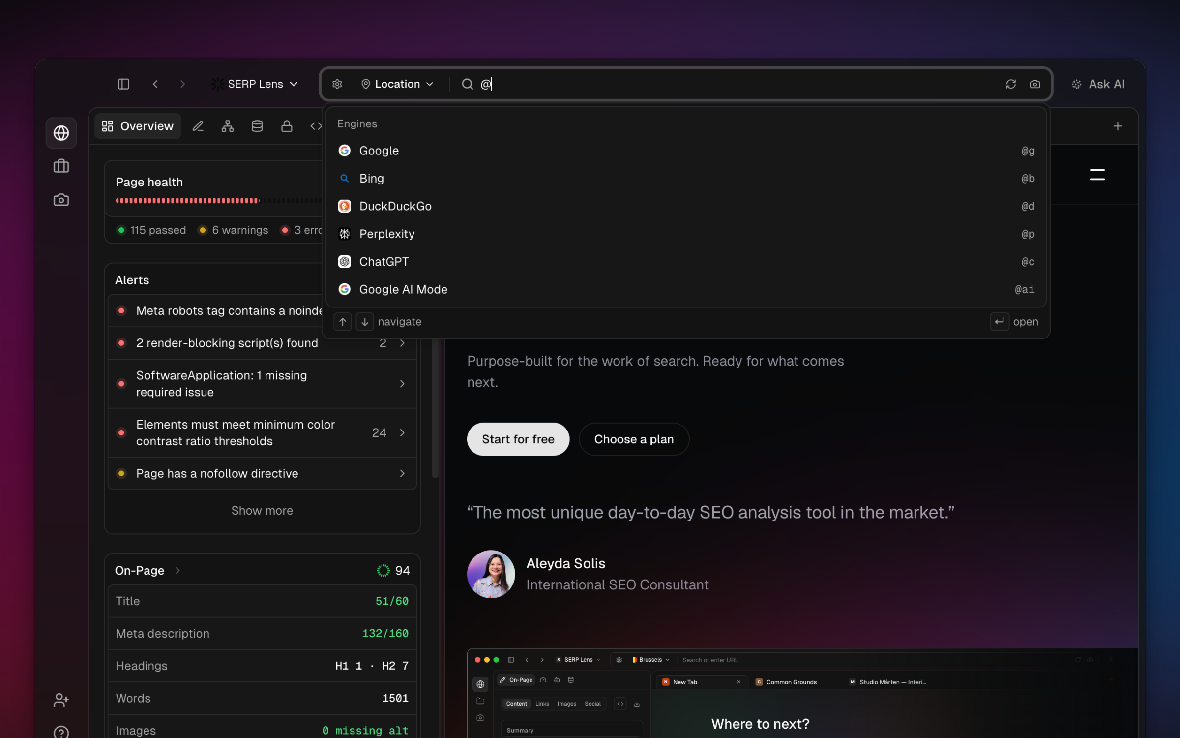 SERP Lens omnibar showing search suggestions and engine commands