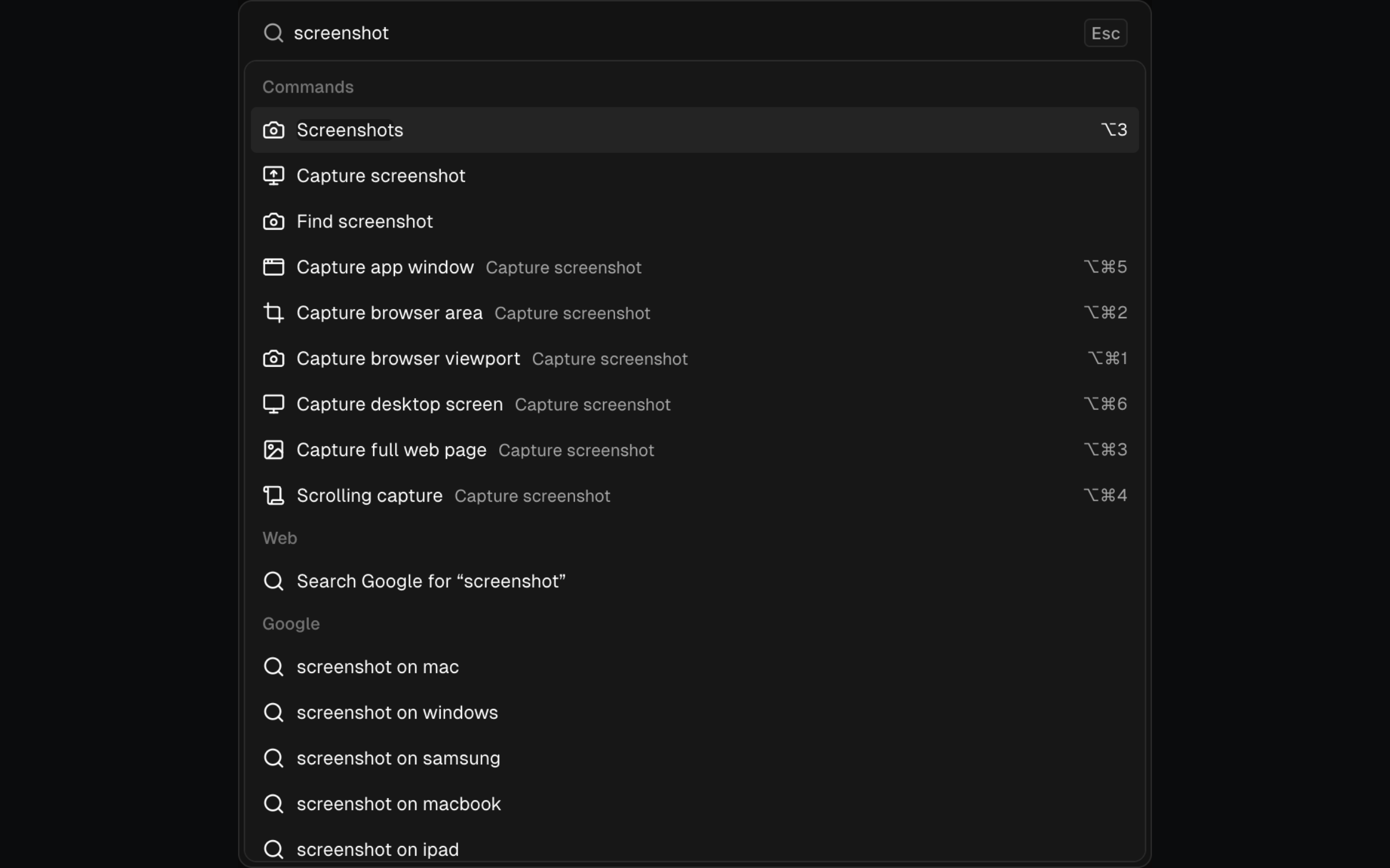 SERP Lens command palette filtered to screenshot capture actions