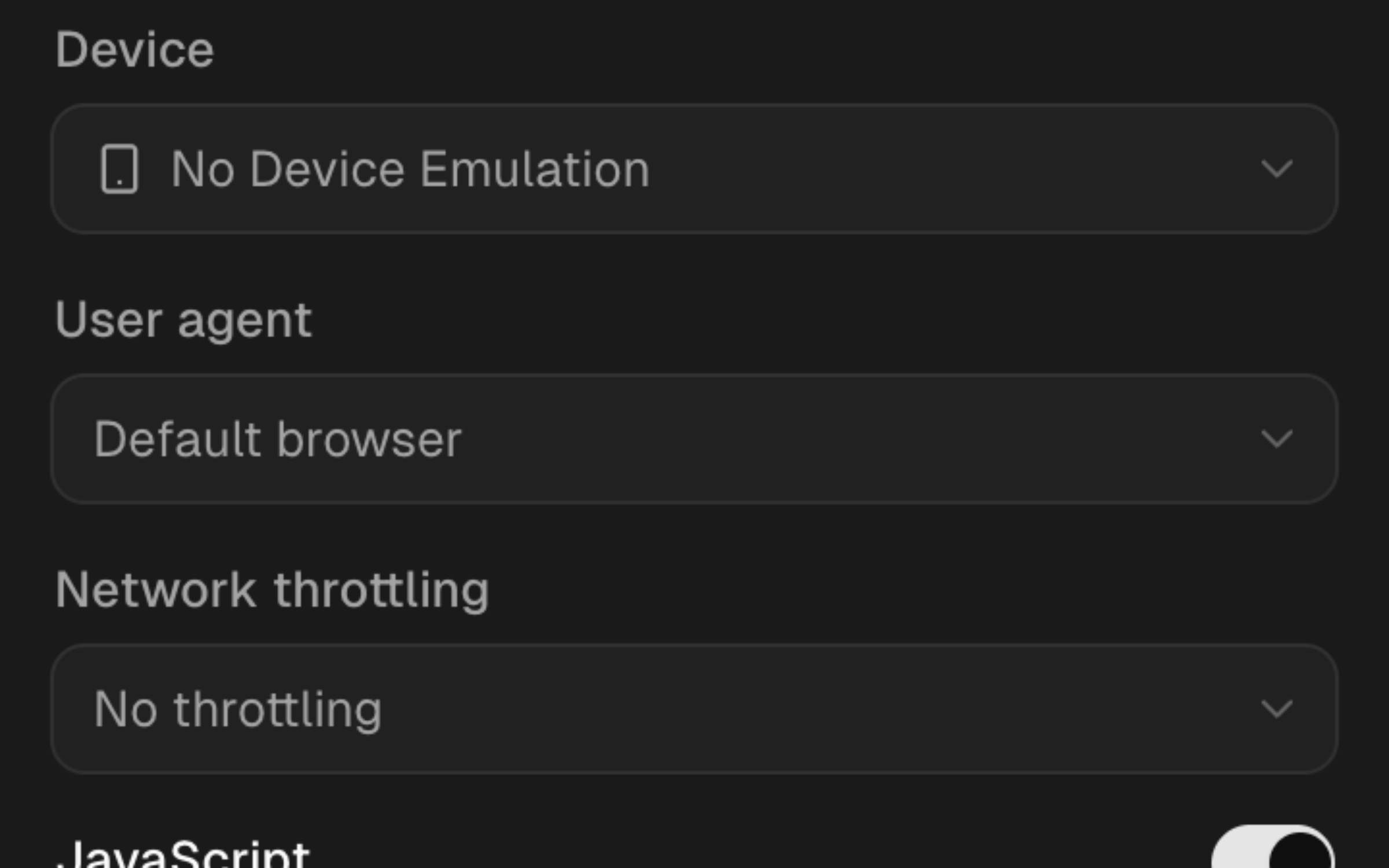 SERP Lens browser settings showing device, user-agent, and network controls for the active tab