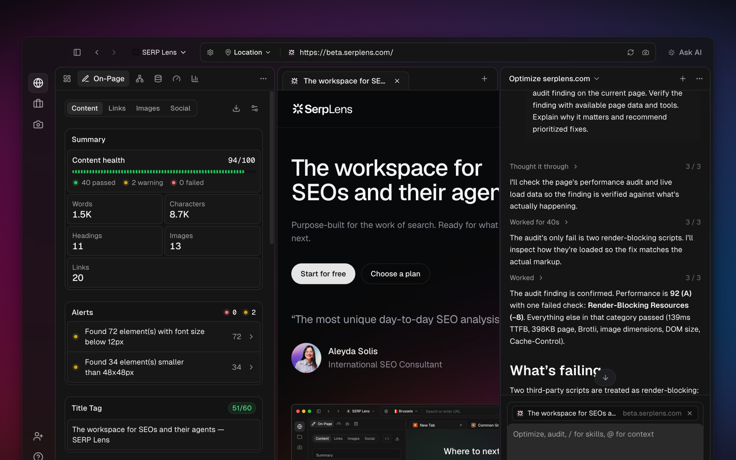 SERP Lens AI panel showing an attached-page task, tool activity, and the completed response
