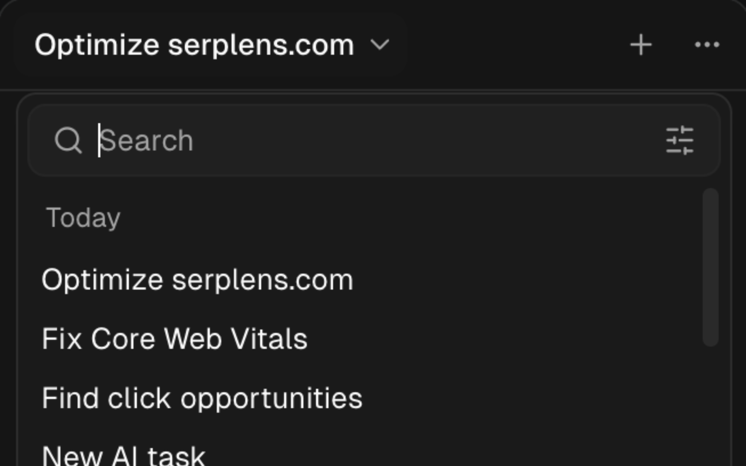 SERP Lens AI chat history showing search and a list of recent chats