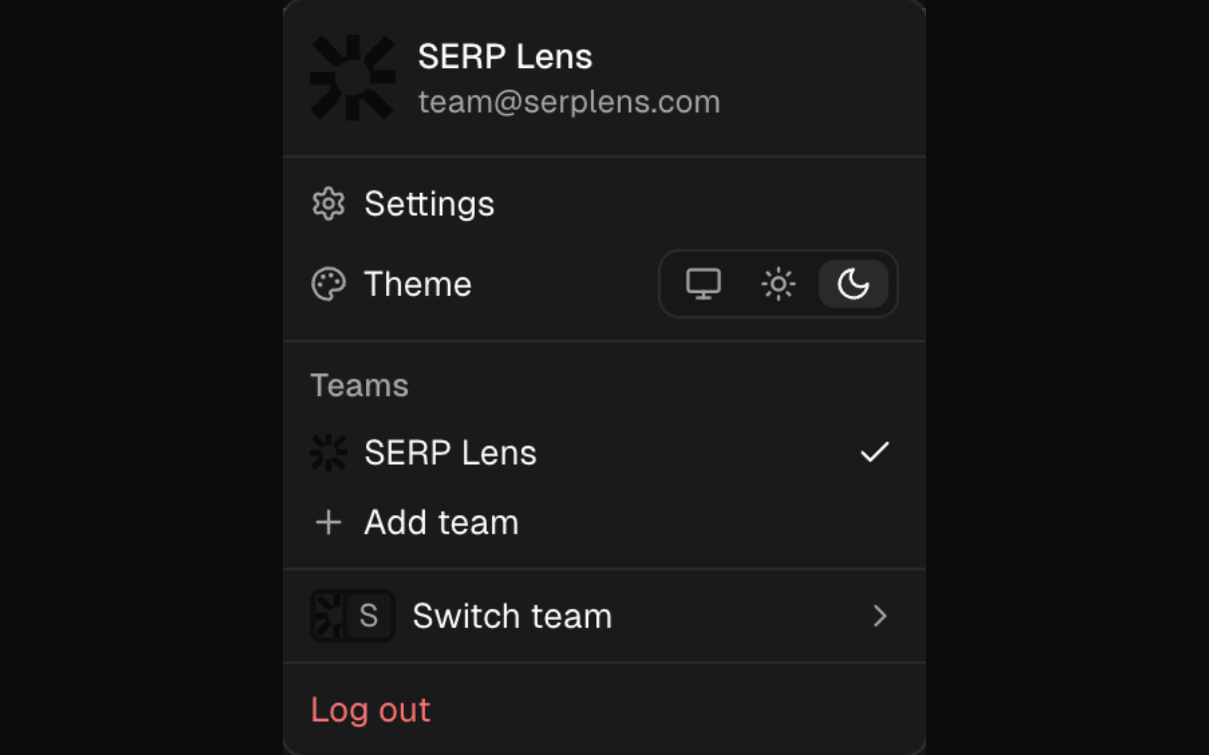 SERP Lens active-team menu showing teams, Add team, and Settings