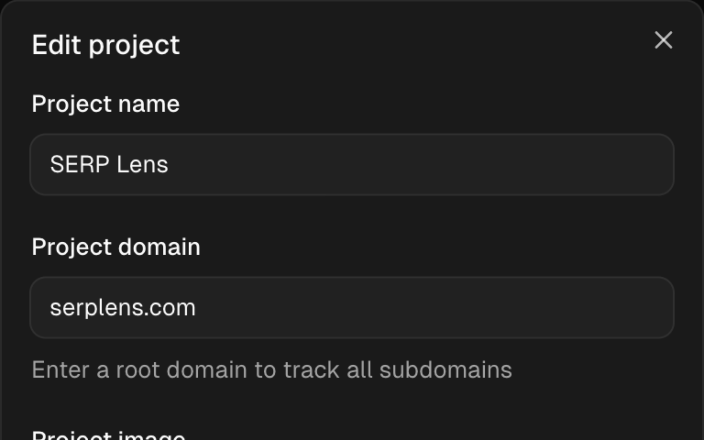 SERP Lens project editor showing the project name and root domain fields