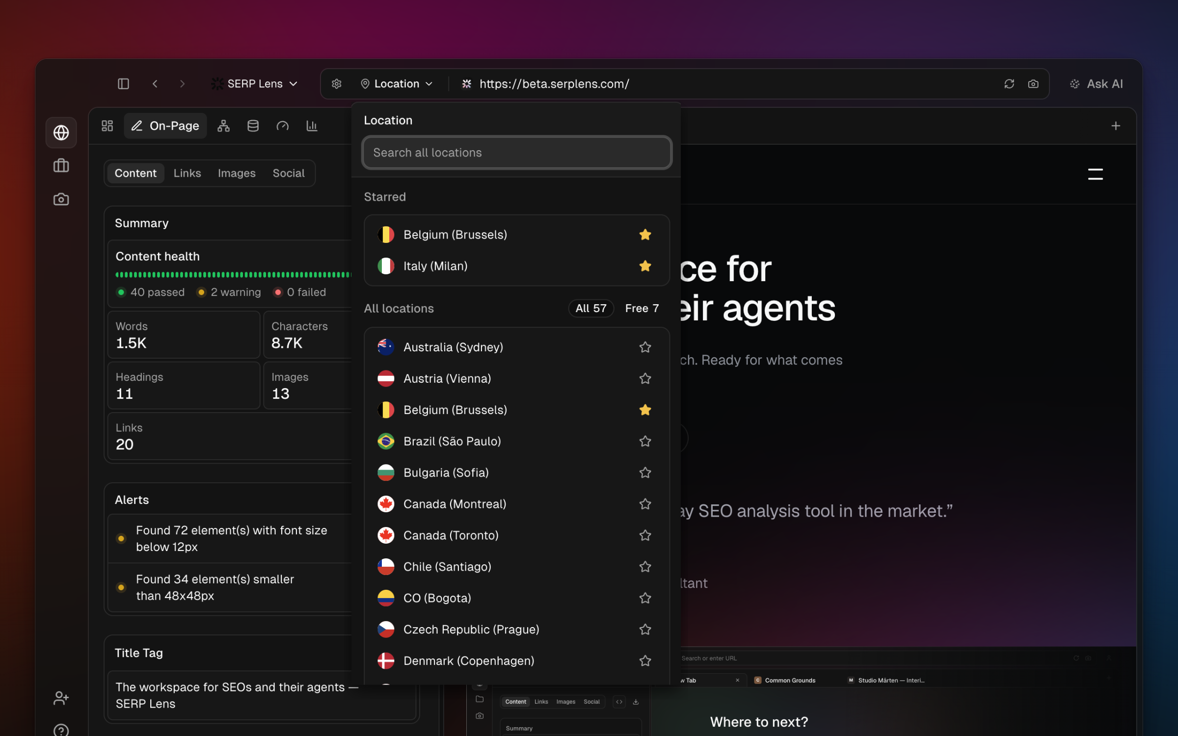 SERP Lens location selector showing starred VPN locations and the available location catalog