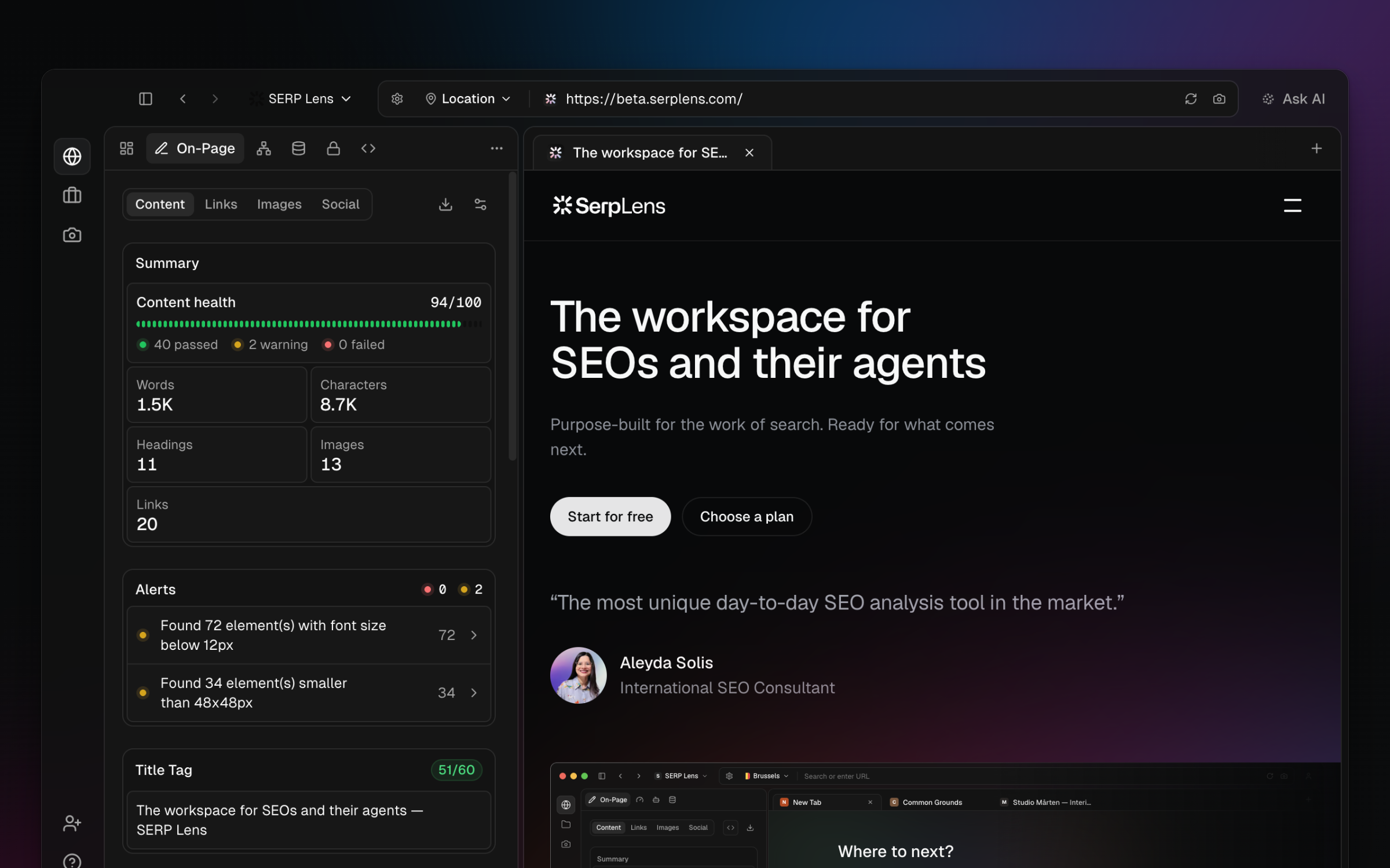 SERP Lens On-Page Content tab showing summary metrics and audit findings