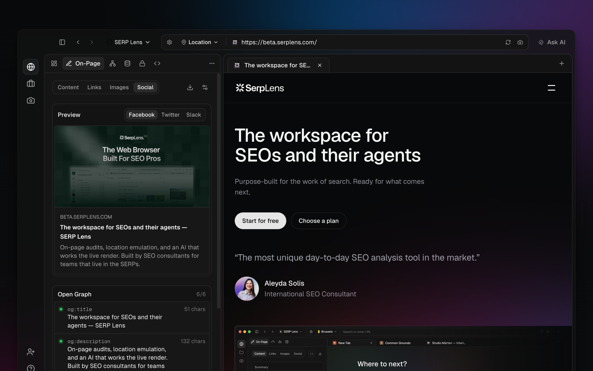 SERP Lens On-Page Social tab showing Facebook, X, and Slack previews