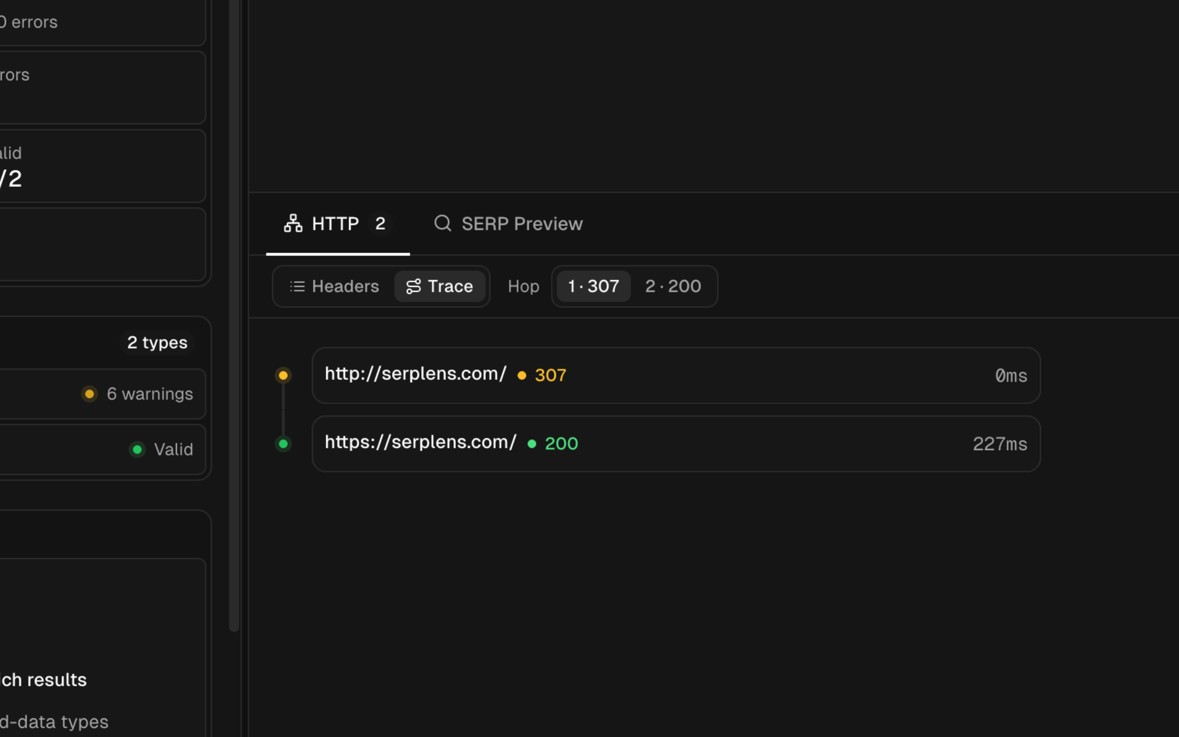 SERP Lens HTTP trace showing a redirect followed by the final successful response