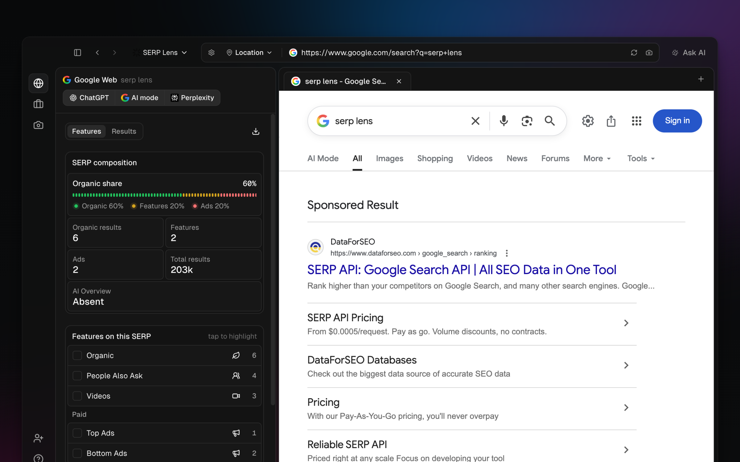 SERP Lens SERP panel showing detected feature groups on a Google results page