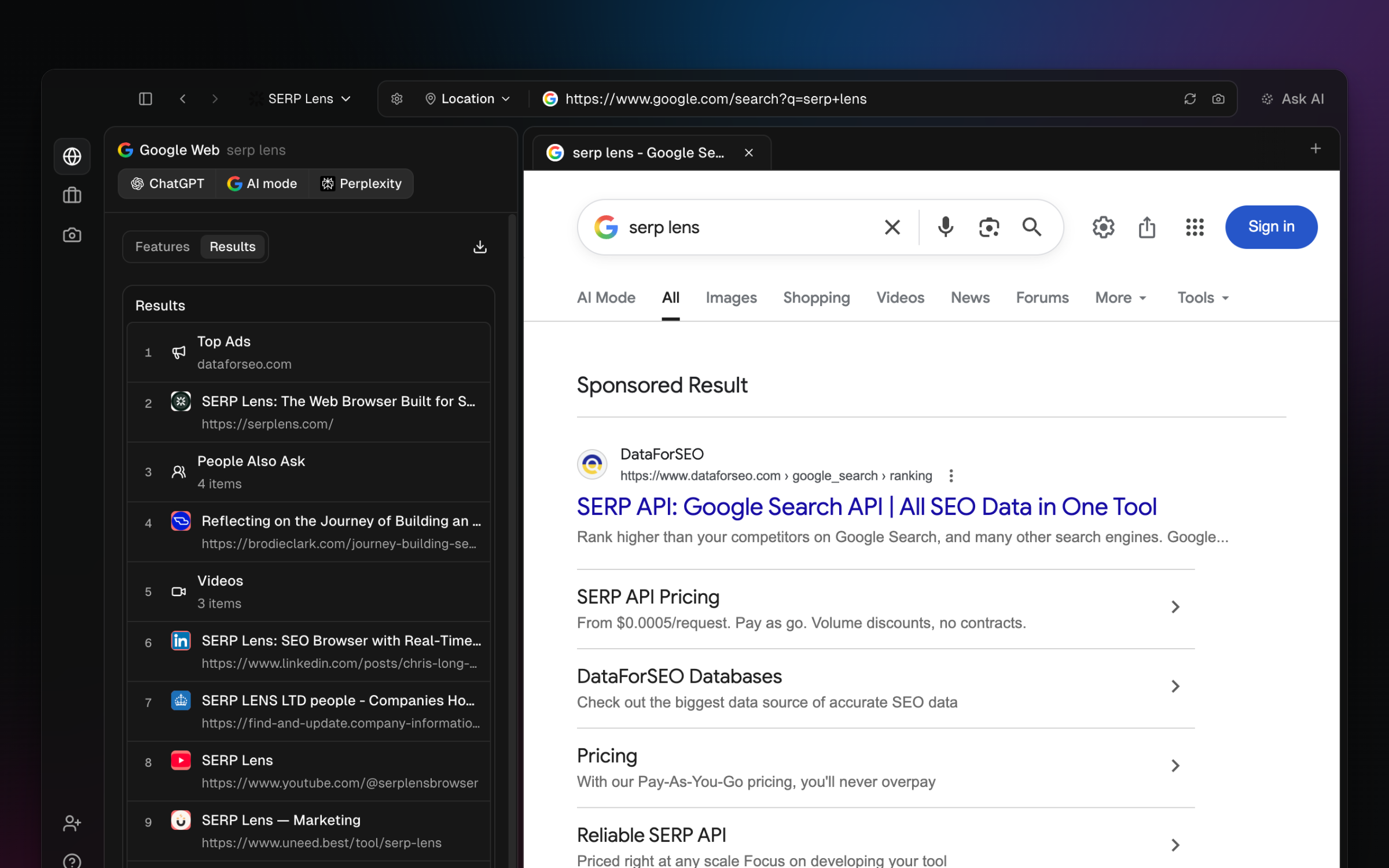 SERP Lens SERP Results tab showing extracted search-result rows and copy actions