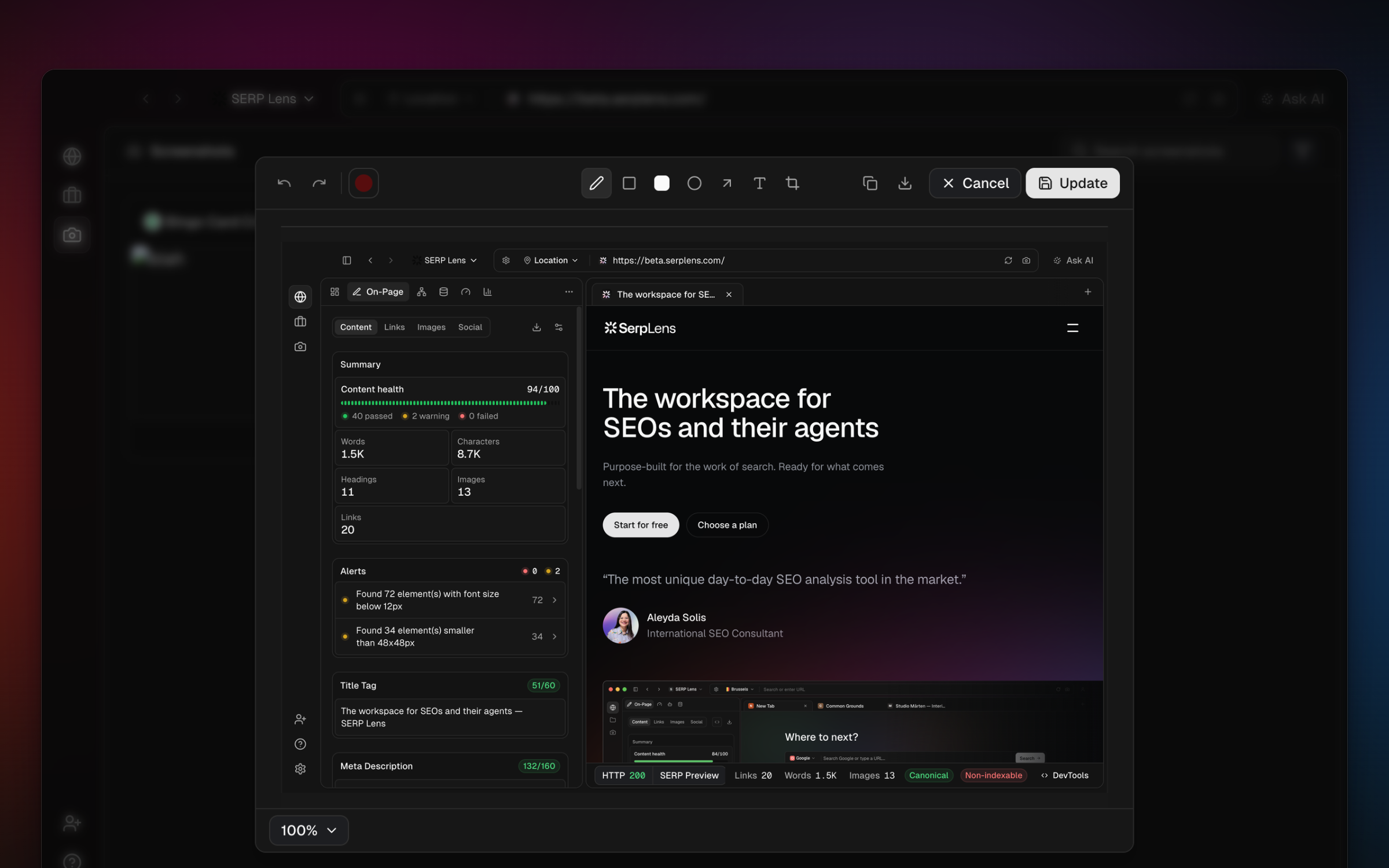 SERP Lens screenshot editor with annotation tools, the current capture, and save and export controls