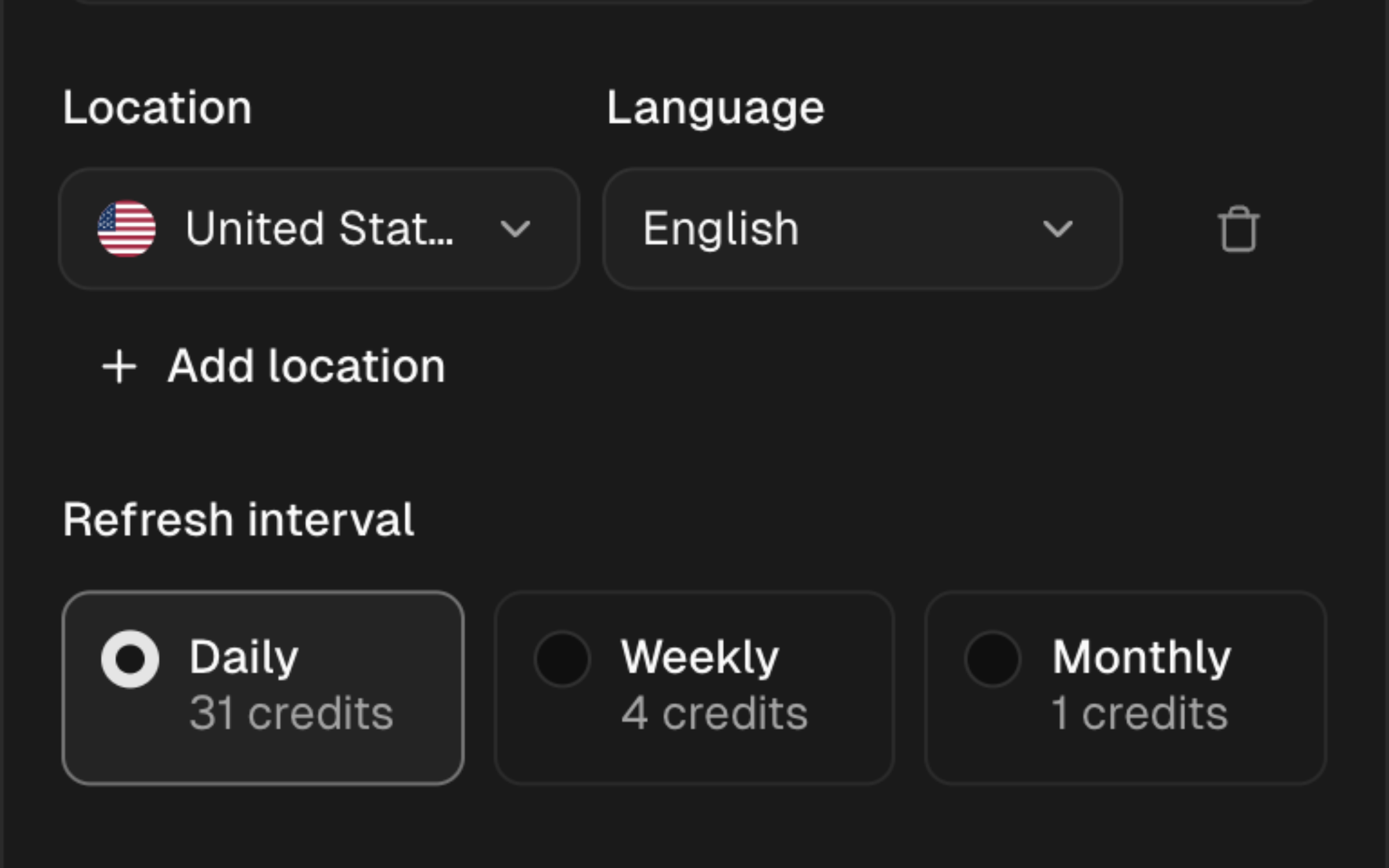 SERP Lens add-keywords form showing location and language selectors for a tracking batch