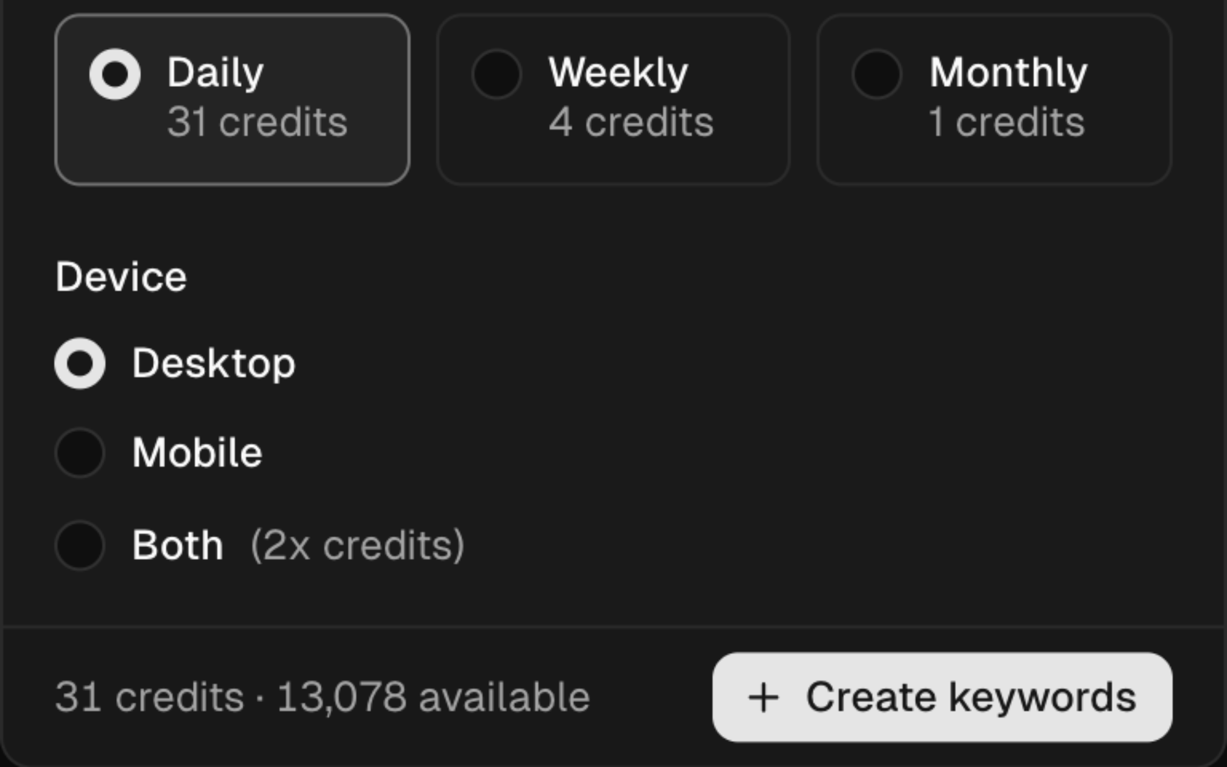 SERP Lens add-keywords form showing interval, device, and calculated credit requirement controls