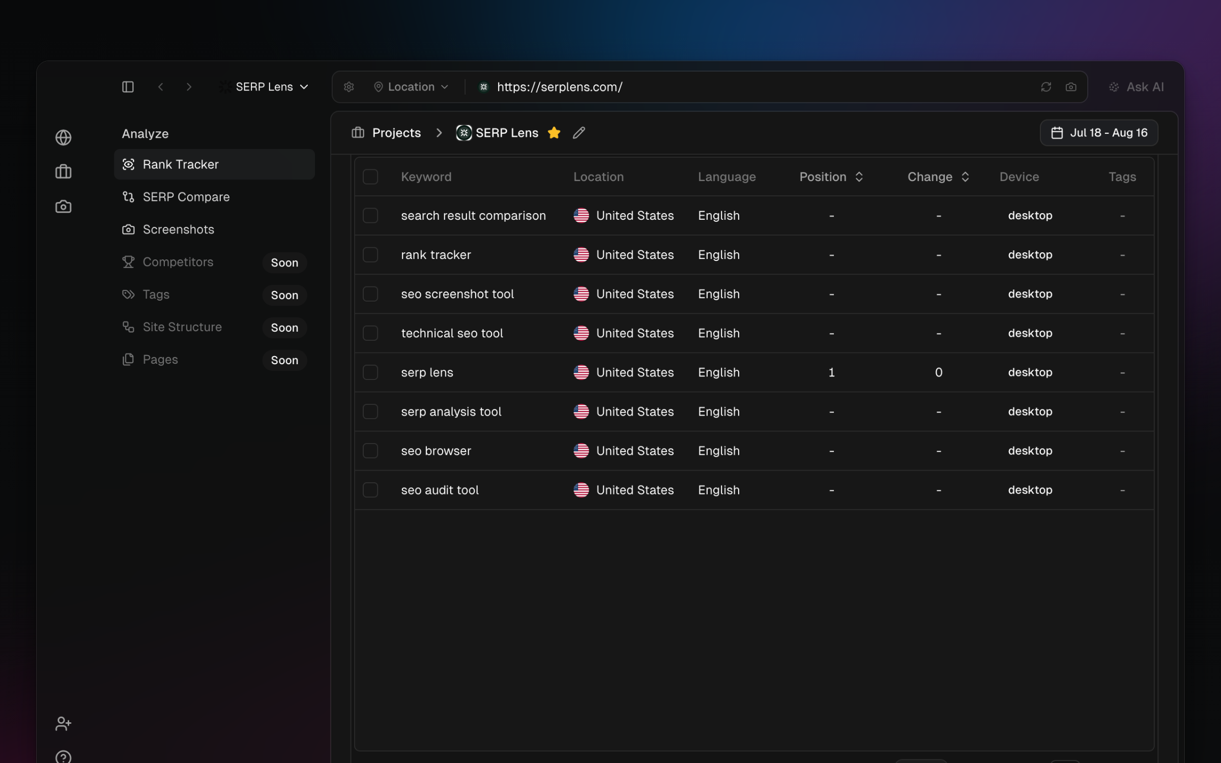 SERP Lens keyword table showing generic SEO queries with their location, language, position, device, and tags