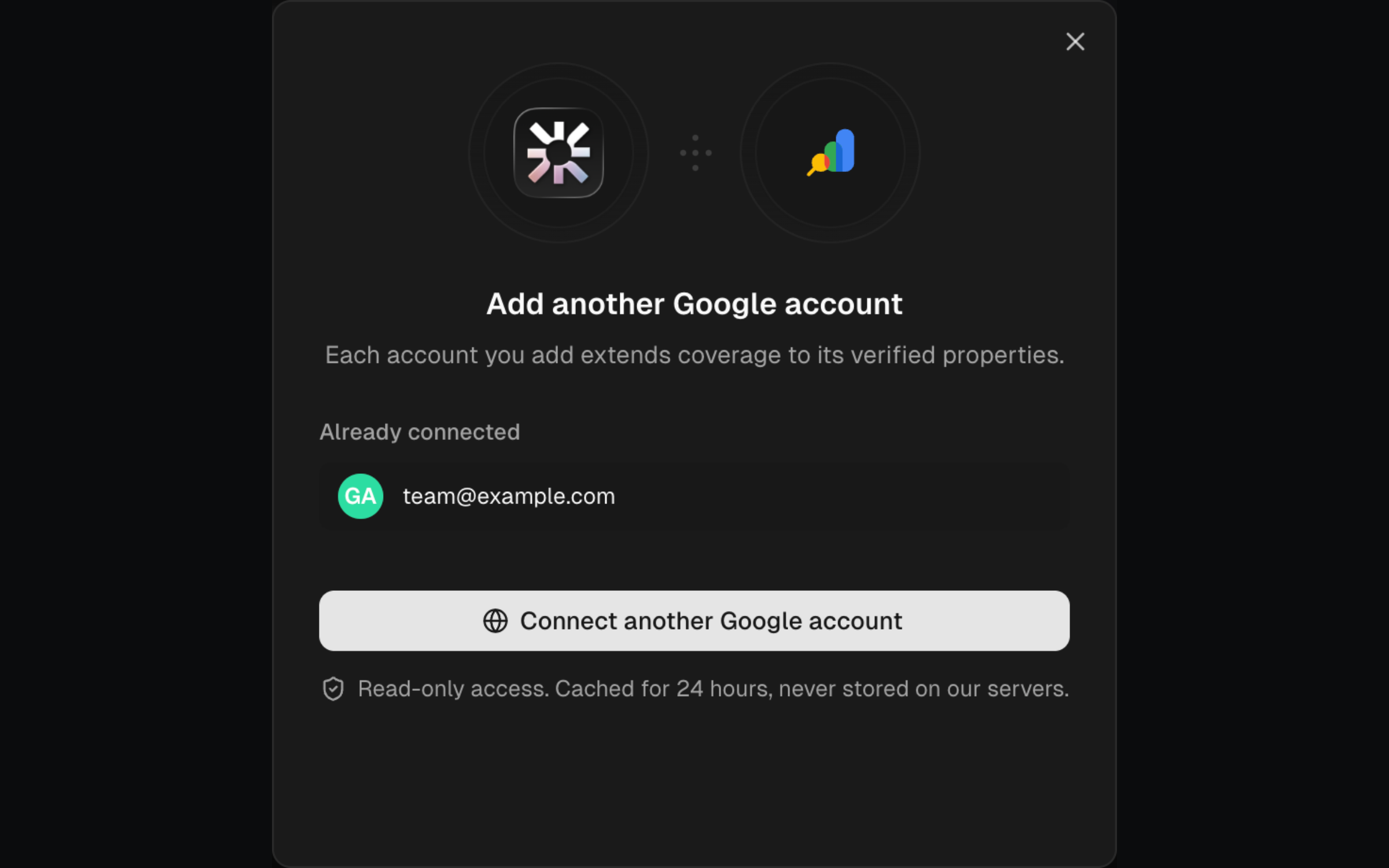 SERP Lens Google Search Console connection dialog showing a connected account